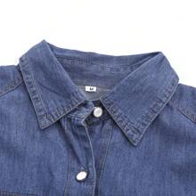 Women Retro Blue Denim Shirts Adjustable Long Sleeve Stand-Up Collar Single-Breasted Blouse Autumn Spring Fashion Slim Tops - 海藍色 - 查看 6