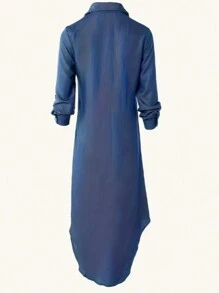 Loose Shirt Dress With Buttons Front, Casual Solid Color Split Hem Dress In Spring And Autumn, Shirt Dresses For Women - 中等水洗藍 - 查看 4