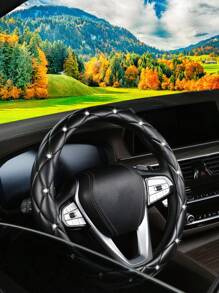 1pc Rhinestone Embellished Faux Sheepskin Car Steering Wheel Cover, Anti-Slip, Fits 14.5-15 Inch, Holiday Gift - Multicolor - View 3