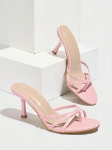 春夏女士高跟踝带凉鞋，尖头，透气PU材质，性感派对鞋，粉色 - 粉色 - 查看 5