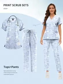 High-Quality Printed Nurse Scrub Top Pants Sets Nursing Scrubs Uniform For Women V-Neck Vet Workwear Nursing Uniforms - Multicolor - View 1