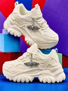 Women Silver Metal Shiny Angel Skull Decor Casual Sneakers With 7cm Thick Sole Platform, Versatile Beige High Heels, Comfortable Warm Autumn/Winter Women Outdoor Sports Shoes For Teenagers, College Students, Breathable Light Weight Non-Slip Summer Mesh Running Shoes For Daily, Date, Gym, Office Wear