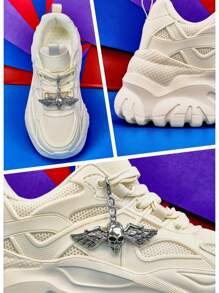 Women Silver Metal Shiny Angel Skull Decor Casual Sneakers With 7cm Thick Sole Platform, Versatile Beige High Heels, Comfortable Warm Autumn/Winter Women Outdoor Sports Shoes For Teenagers, College Students, Breathable Light Weight Non-Slip Summer Mesh Running Shoes For Daily, Date, Gym, Office Wear