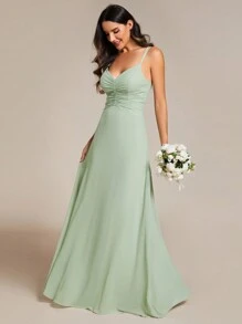 EVERPRETTY V-Neck Pleated Front Bridesmaid Dress - Mint Green - View 6