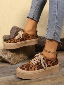 Women Leopard Print Lace-Up Low-Top Casual Sneakers, Thick Sole, Fashionable & Versatile For All Seasons - Leopard - View 2