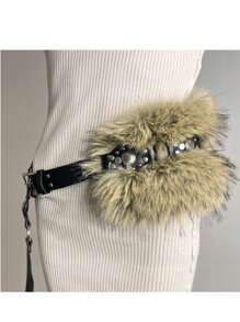 Hot Girl 合成羊毛和毛皮腰带,美国复古朋克风格不对称合成毛皮拼布腰带 PU 皮带 - 彩色 - 查看 24