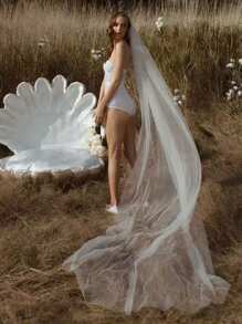 新娘单层长款落地头纱290cm左右 白色简约素纱 婚礼殿堂款 带纹理金属发梳 - 白色 - 查看 1