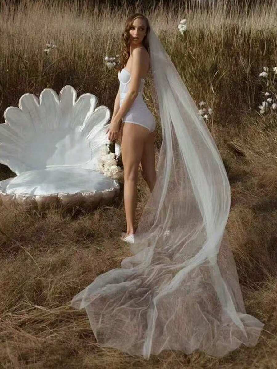 新娘单层长款落地头纱290cm左右 白色简约素纱 婚礼殿堂款 带纹理金属发梳 - 白色 - 查看 1