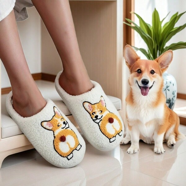 Adorables zapatillas de casa de peluche con diseño de perro Corgi, con cabeza blanca y suela gruesa, regalo para ocasiones festivas
