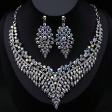 2pcs Women's Necklace And Earrings Set, Elegant And Gorgeous Jewelry With Rhinestone For Wedding, Party, Prom