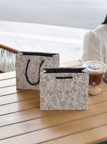 1 套 2/5 件灰色方形白卡纸花卉线条画图案礼品手提袋，纸质包装袋 - 彩色 - 查看 3