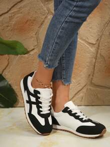 女士厚底休闲运动鞋，新款秋季拼接系带厚底休闲运动鞋，轻便户外运动款学生鞋 - 黑色 - 查看 6