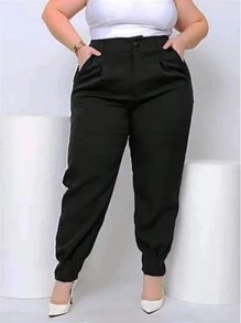 Plus Size Tailored Carrot Pants For Women, High Waist, Elegant, Pleated Hem - 黑色 - 查看 2