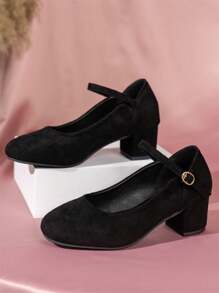 女士纯色优雅鞋，踝带扣低帮鞋，圆头连衣裙粗跟鞋 - 黑色 - 查看 5