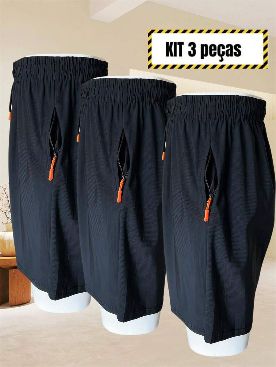 Kit 3 Bermuda Shorts For Men, Imported Shorts For Men, Polyamide, Ice Silk, Gym, Elastane, Casual, Quick Drying - màu đen - Xem 1