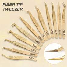 FADVAN Fadvan 1pc Eyelash Extension Tweezers With Fiber Tips Golden Stainless Steel High Precision Tweezer For Volume Fans Makeup Tools