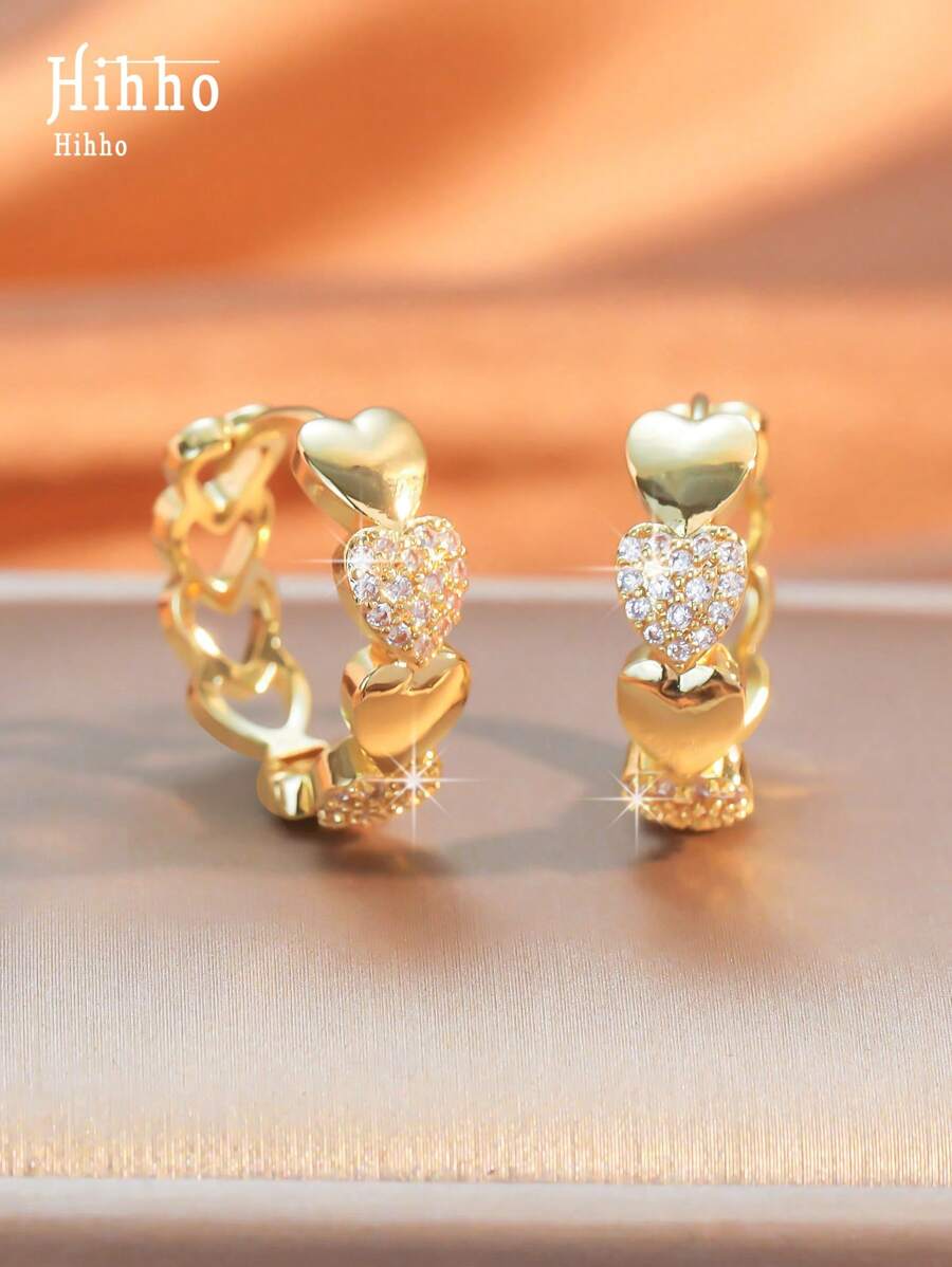 Hihho 1 Cặp bông tai vòng trái tim ombre thanh lịch tối giản thời trang, quà tặng trang sức cá nhân cho bé gái, thích hợp cho tiệc tùng, ngày lễ tình nhân, mẹ, mẹ, ngày của mẹ, quà tặng - Vàng - Xem 1