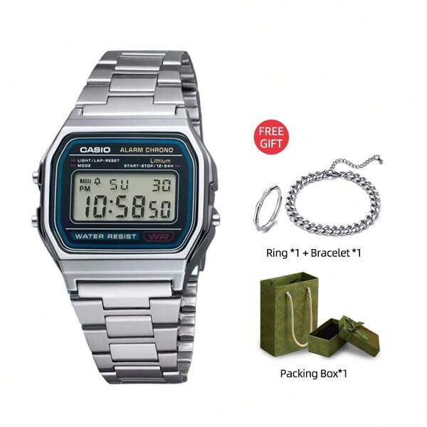 Casio Vintage A158W Schwarzes digitales Ziffernblatt, Armband aus Edelstahl, Geschenkbox/Geschenk enthält einen Ring und ein Armband