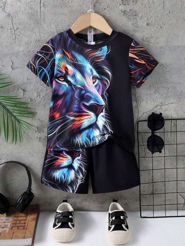 2pcs/Set Young Boy Casual 3D Lion Print Short Sleeve T-Shirt + Shorts Sports Outfit, Summer