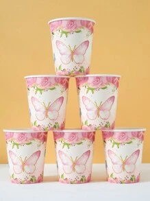 10 piezas/25 piezas Vasos de papel desechables, vasos con temática floral y de mariposas para bebidas frías y café, adecuados para cumpleaños, reuniones familiares, picnics y decoración de fiestas
