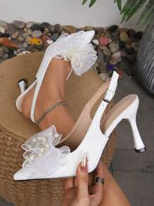 Zapatos de tacón alto con puntera puntiaguda, estilo zuecos, con estampado floral y lazo de perlas para mujer. Zapatos de boda blancos para novias