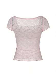 Y2K Fairy Grunge Crop Top For Women Lace Patchwork Short Sleeve Square Neck T-Shirt Slim Fit Cute Tees 90s E-Girl Retro Aesthetic Clothes Streetwear Going Out Tops - 淡紫色 - 查看 6