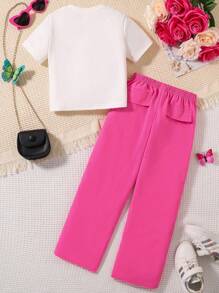 2pcs/Set Young Girl Bow Patchwork Short Sleeve T-Shirt & Wide Leg Pants Set, Casual Outdoor Wear For Summer - Hot Pink - View 2