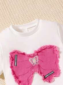 2pcs/Set Young Girl Bow Patchwork Short Sleeve T-Shirt & Wide Leg Pants Set, Casual Outdoor Wear For Summer - Hot Pink - View 3