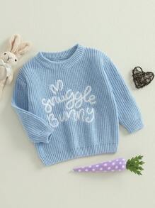Toddler Easter Sweaters Bunny Ear Pattern Letter Long Sleeve Round Neck Ribbed Knit Jumper Tops