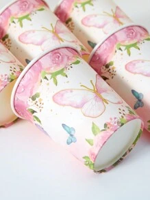 10 piezas/25 piezas Vasos de papel desechables, vasos con temática floral y de mariposas para bebidas frías y café, adecuados para cumpleaños, reuniones familiares, picnics y decoración de fiestas