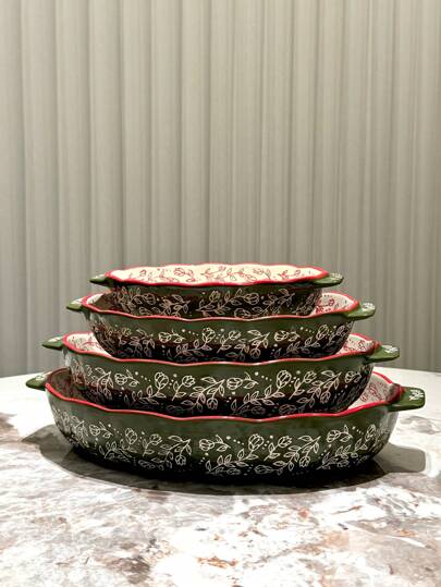 Vintage Handpainted Ceramic Bakeware Pan With Handle, Kitchen Cookware, For Oven & Microwave, Suitable For Salad, Grilling, Baking, Dessert & Pizza Making