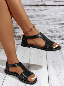 Women Plus Size Slip-On Peep Toe Flat Sandals With Elastic Back Straps - Black - View 3