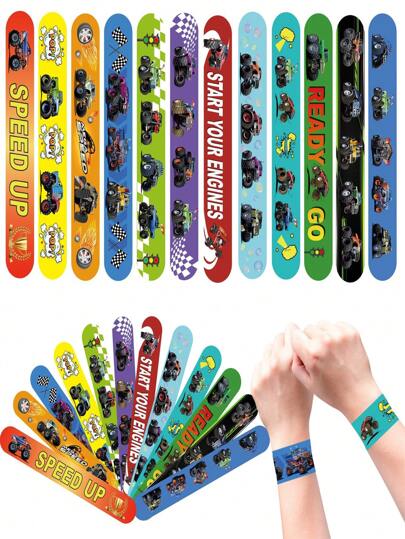 12/24/30 Pieces Of New Pattern Big Foot Monster Truck, Relay Racing, Car Theme Party Gift Slap Wristband - Plastic Button Wristband, Suitable For Birthday, Wedding, Bridal Gift Party - Carnival, Christmas, Halloween, Easter Animal Print Theme - Classroom Reward, Party Decoration