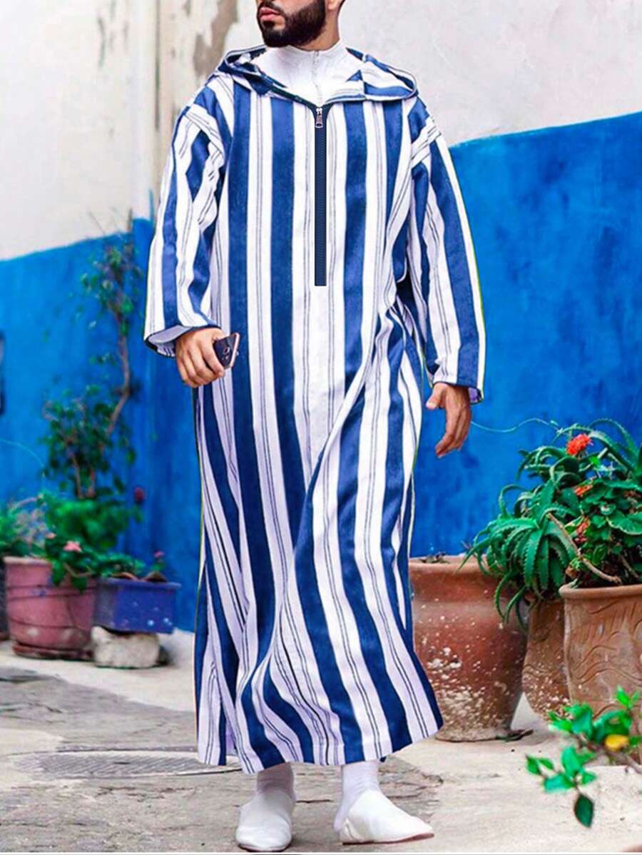Kaftan de manga larga con estampado de rayas para hombres, absorbe el sudor - Azul y blanco - Ver 1