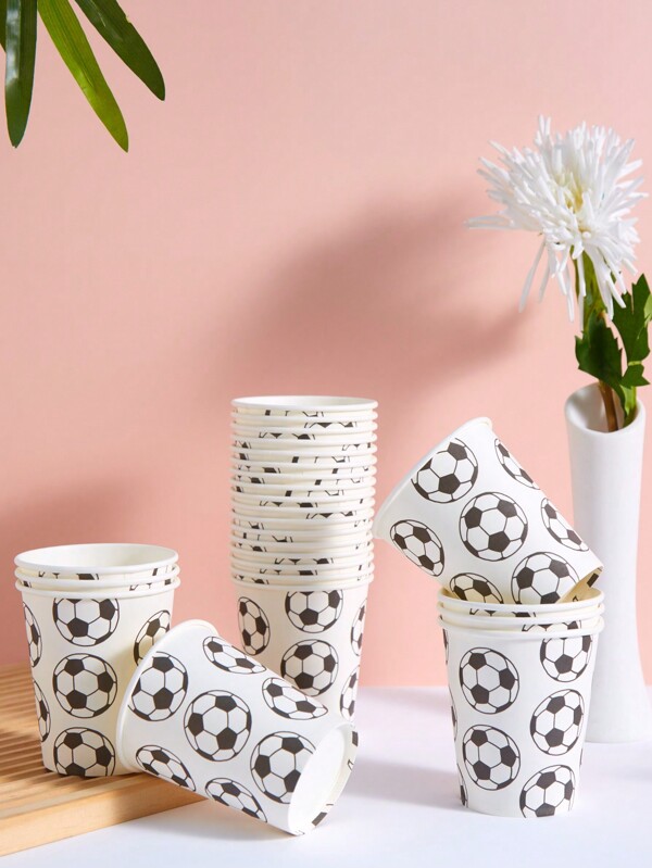 10/25pcs 9oz White Football Design Paper Cups, Disposable Football Sports Party Cups, Party Decoration, Birthday Party, Celebration Events
