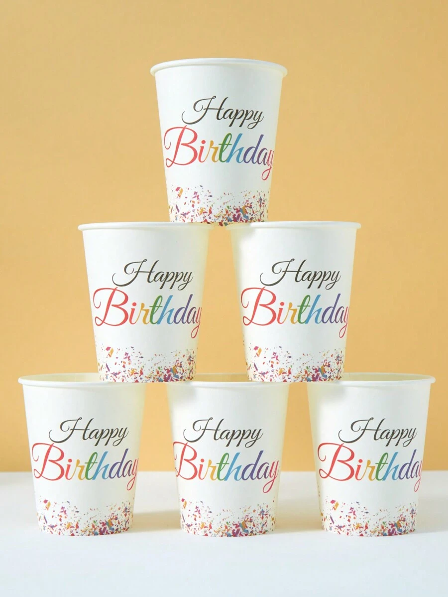 10/25 cốc giấy dùng một lần, đế trắng có ruy băng nhiều màu sắc, thiết kế "Chúc mừng sinh nhật", thích hợp đựng đồ uống lạnh, cốc cà phê, tiệc sinh nhật, họp mặt gia đình, dã ngoại, trang trí tiệc - Nhiều màu - Xem 1
