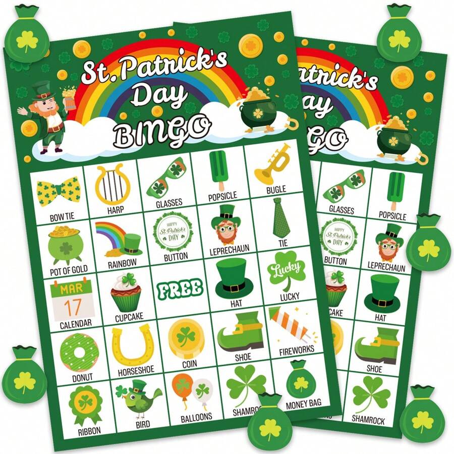 33pcs St. Patrick's Theme Bingo Game Set For Family - Includes 24 Player Cards And Reward Stickers - Green Lucky Clover Festive Paper Party Favors Supplies For Holiday, Gathering And Group Activities