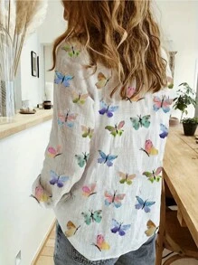 Butterfly Print Button Front Shirt, Spring And Autumn Casual Long Sleeve Shirt, Women's Comfortable Cotton And Linen Shirt - trắng - Xem 4