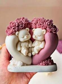 1 pièce Moule de bougie en silicone en forme d'ours amoureux, avec des détails de rose, forme asymétrique, pour la résine, le ciment, l'artisanat de ciment - Conception de couple d'ours romantique