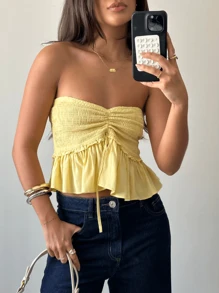 Women Spaghetti Strap Crop Tops Shirred Ruched Tie-Up Camisole Sweetheart Neck Sleeveless Ruffle Hem Babydoll Shirts - Màu vàng - Xem 2