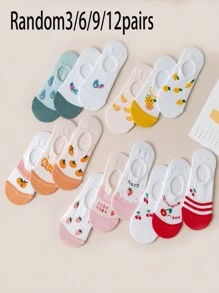 3/6/9/12 双女士可爱卡通网眼浅袜，百搭简约春夏新品彩色水果印花图案低帮隐形船袜，舒适柔软透气吸汗适合日常、休闲、校园风格、运动使用、所有季节、随机搭配 - 彩色 - 查看 1