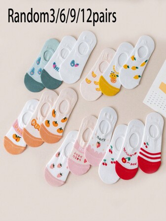 3/6/9/12 双女士可爱卡通网眼浅袜，百搭简约春夏新品彩色水果印花图案低帮隐形船袜，舒适柔软透气吸汗适合日常、休闲、校园风格、运动使用、所有季节、随机搭配