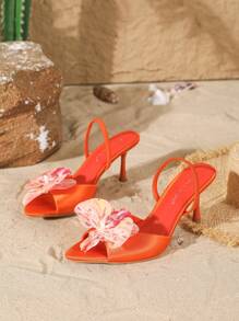 On feet& in love Sandalias de tacón alto de satén con estampado floral para mujer, de punta estrecha, con tiras en el empeine y tacón fino
