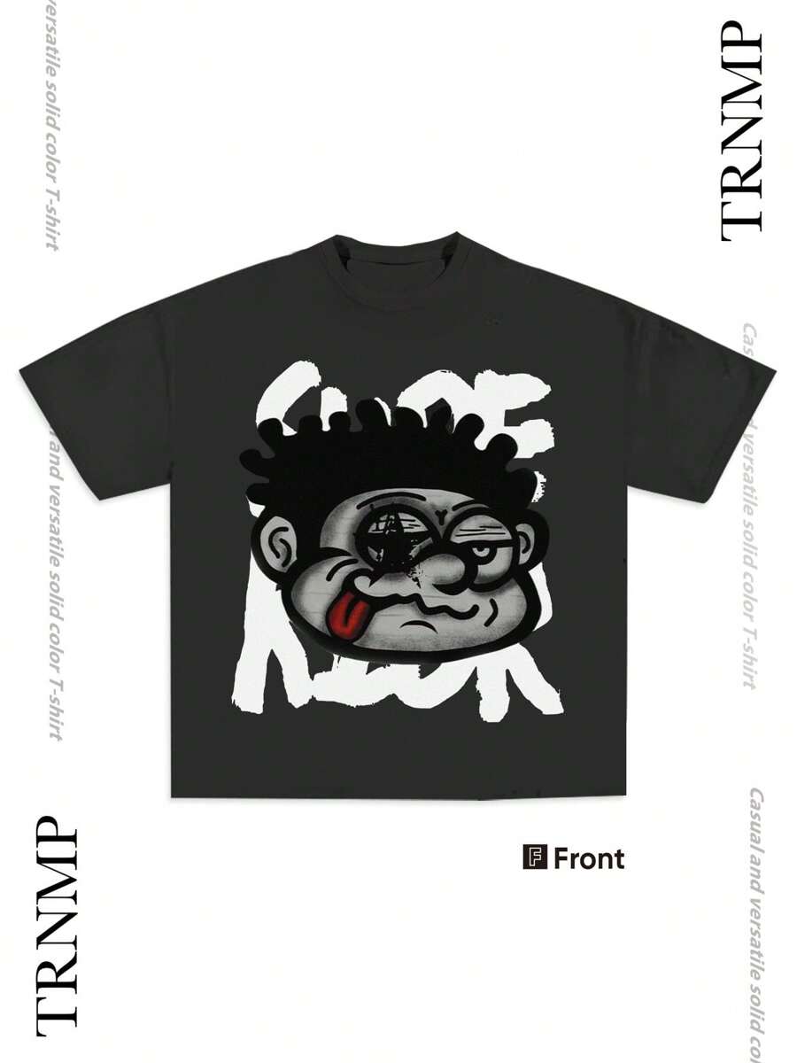 Y2K,Street Harajuku Fashion Big Head....Fashionable Cotton Men's T-Shirt, Multi-Color Optional, Surprise Gift For Friends And Family, Christmas Drop Shoulder Sleeves Round Neck - 黑色 - 查看 1