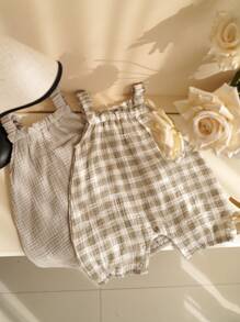 2 件/袋 女婴连体衣套装 彩虹图案 连体衣 夏季可爱无袖婴儿连体衣 带背带裤