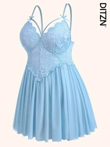 DITZN Camiseta de muñeca de talla grande, camisón de encaje transpirable de verano con vestido vaina sexy transparente lencería erótica y tirantes (con tanga gratis)
