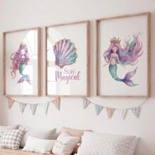Decor pentru camera copiilor cu sirenă, decor pentru camera copiilor cu fete, imprimeuri cu sirene pentru camera fetelor, decor pentru camera copiilor cu mare, camera copiilor cu ocean, roz violet turcoaz, temă sirenă, decor modern pentru casă, pentru dormitor în living, fără ramă
