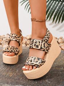 Platform Open Toe Leopard Print Wedge Sandals For Women, Fashionable Versatile High Heel Waterproof Chunky Summer Platform Shoes - Beige - View 1