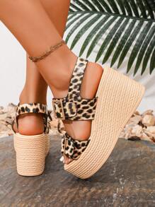 Platform Open Toe Leopard Print Wedge Sandals For Women, Fashionable Versatile High Heel Waterproof Chunky Summer Platform Shoes - Beige - View 6