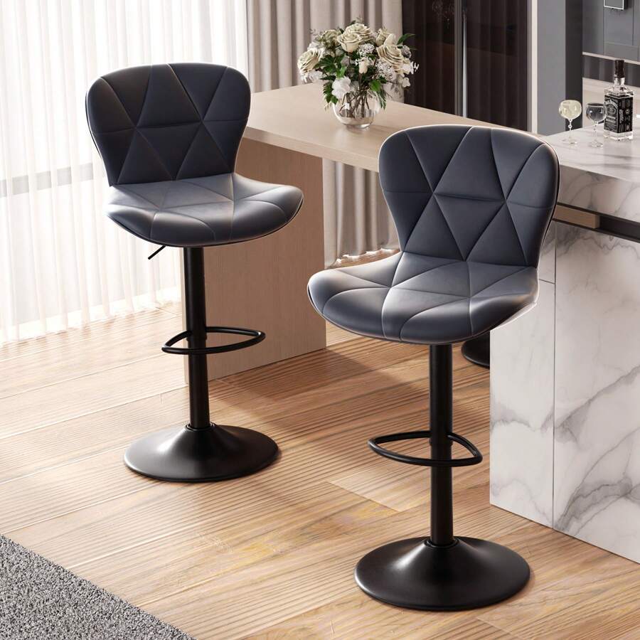 Nalupatio Juego de 2 taburetes de bar, silla de bar de altura regulable con respaldo, altura ajustable, giratorio 360°, piel sintética, para comedor, bar en casa, isla de cocina, 2 taburetes - Gris Oscuro - Ver 1